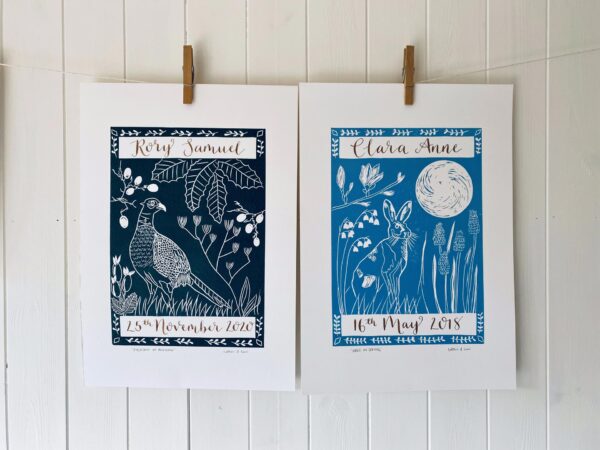 Pheasant in autumn hare in spring personalised calligraphy linocut prints