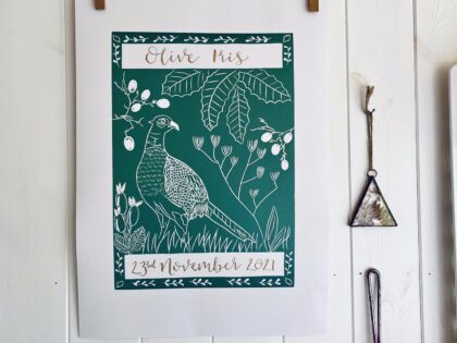 Pheasant in autumn personalised linocut print calligraphy olive green