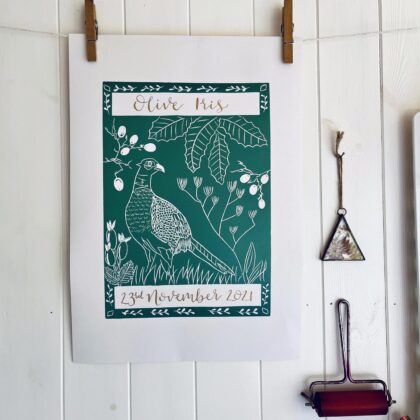 Pheasant in autumn personalised linocut print calligraphy olive green