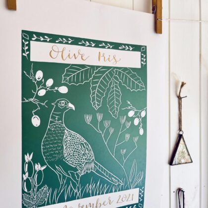 Pheasant in autumn personalised linocut print calligraphy olive green close up
