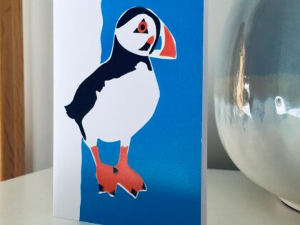 Puffin linocut printed greetings card