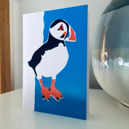 Puffin linocut printed greetings card