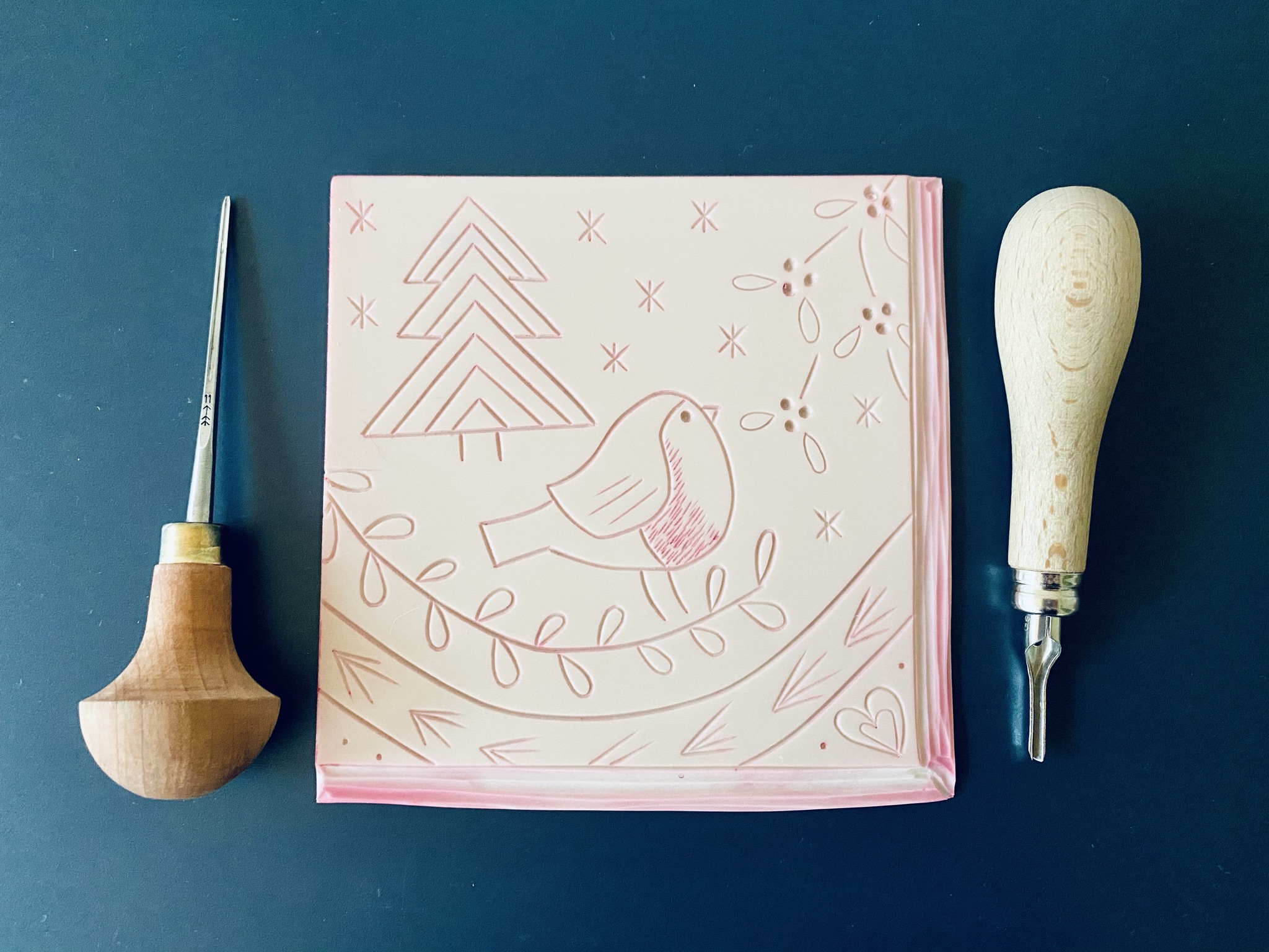 Robin christmas card lino block Robin christmas card lino block