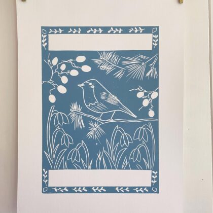 Robin in winter lino cut print