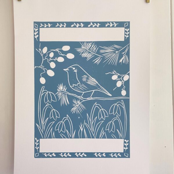 Robin in winter lino cut print