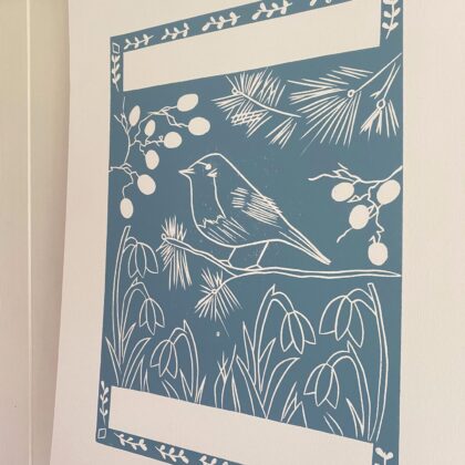 Robin in winter lino cut print detail