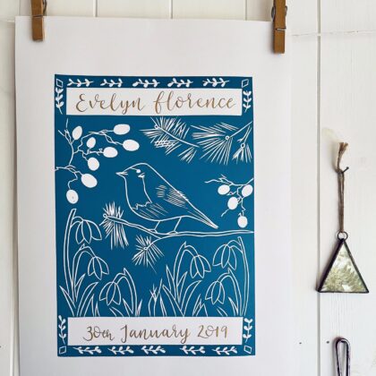 Robin in winter personalised lino cut print calligraphy close up