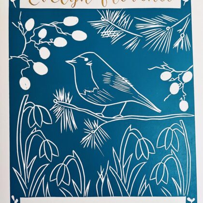Robin in winter personalised linocut print calligraphy detail