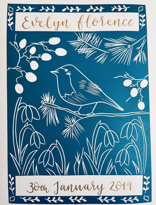 Robin in winter personalised linocut print calligraphy detail