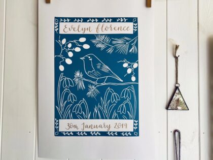 Robin in winter personalised linocut print with calligraphy