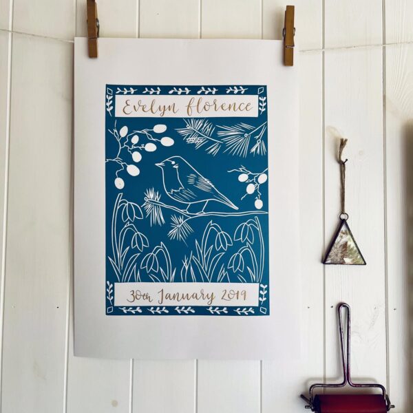 Robin in winter personalised linocut print with calligraphy