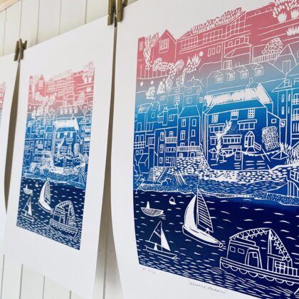 Salcombe gradient linocut print hanging