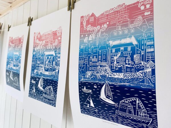 Salcombe gradient linocut print hanging