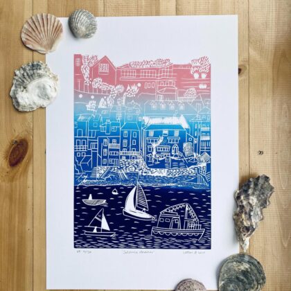 Salcombe gradient linocut print shells