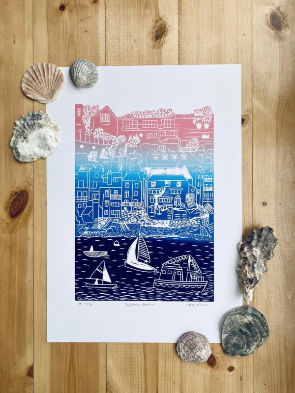 Salcombe gradient linocut print shells