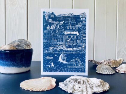 Salcombe harbour mid blue greetings card