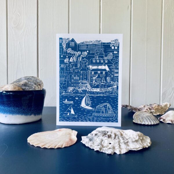 Salcombe harbour mid blue greetings card