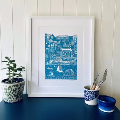 Salcombe harbour mid blue linocut print white frame