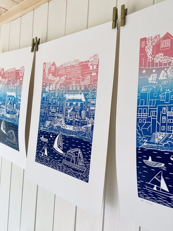 Salcombe harbour print gradient blue pink