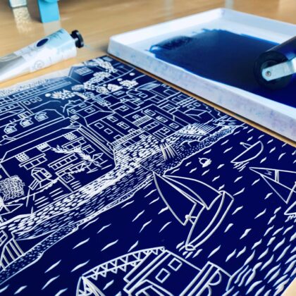Salcombe inked lino block detail navy