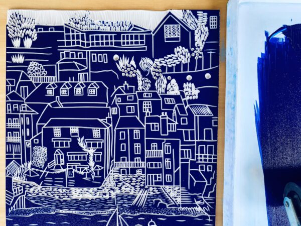Salcombe lino block inked close up