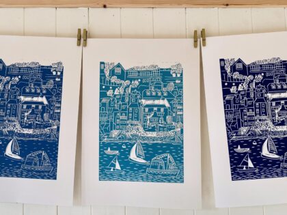 Salcombe lino cut print colours drying
