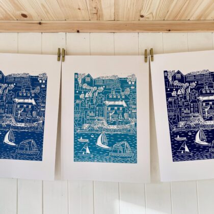 Salcombe lino cut print colours drying