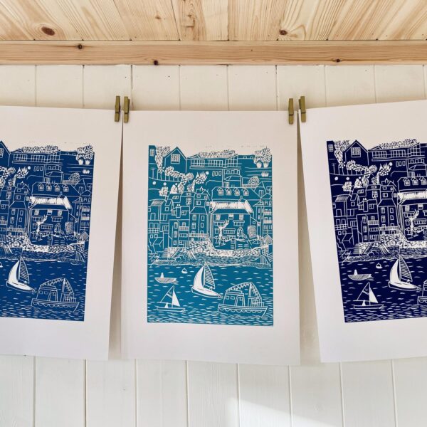 Salcombe lino cut print colours drying