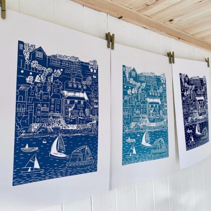 Salcombe lino cut prints mid blue sea green navy