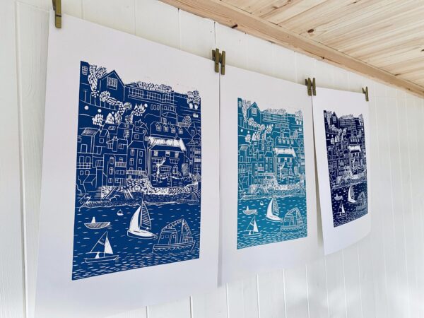 Salcombe lino cut prints mid blue sea green navy