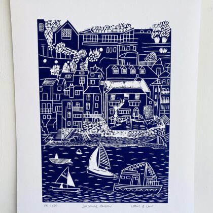 Salcombe linocut print navy close up wooden frame