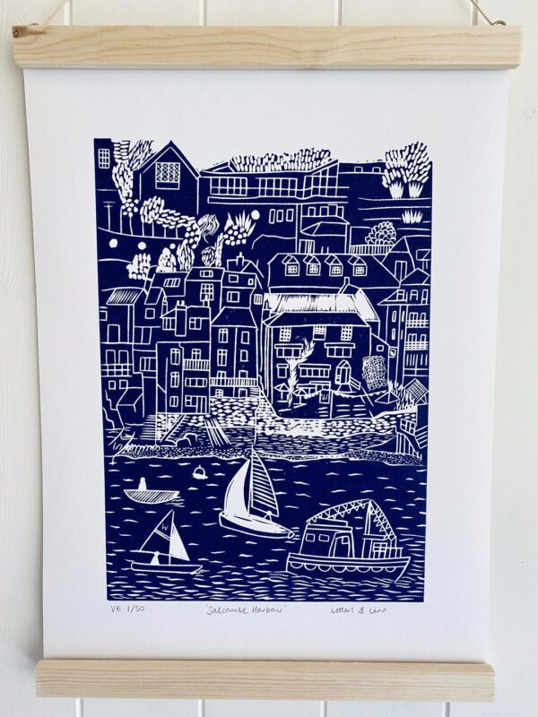 Salcombe linocut print navy close up wooden frame