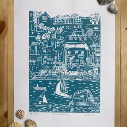Salcombe linocut print sea green shells