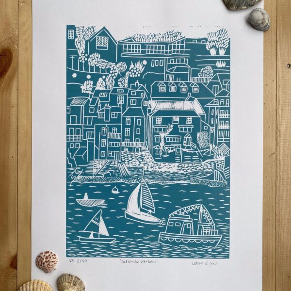 Salcombe linocut print sea green shells