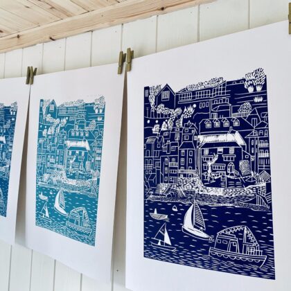 Salcombe linocut prints hanging to dry