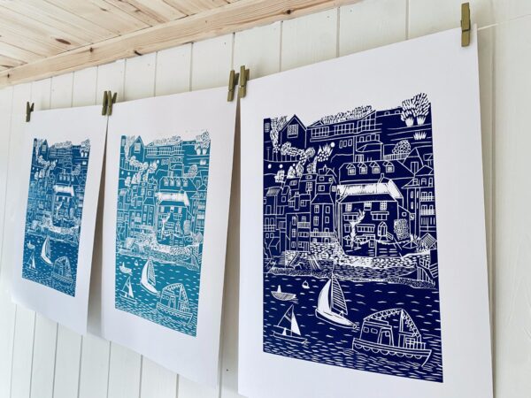 Salcombe linocut prints hanging to dry