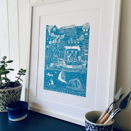 Salcombe mid blue lino cut print framed