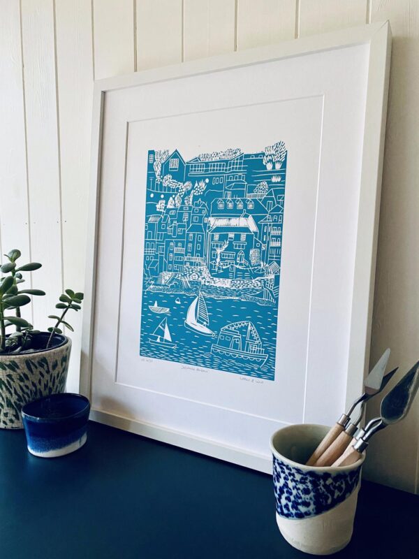 Salcombe mid blue lino cut print framed