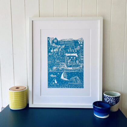 Salcombe mid blue lino cut print white frame display