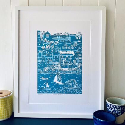 Salcombe mid blue lino print framed display