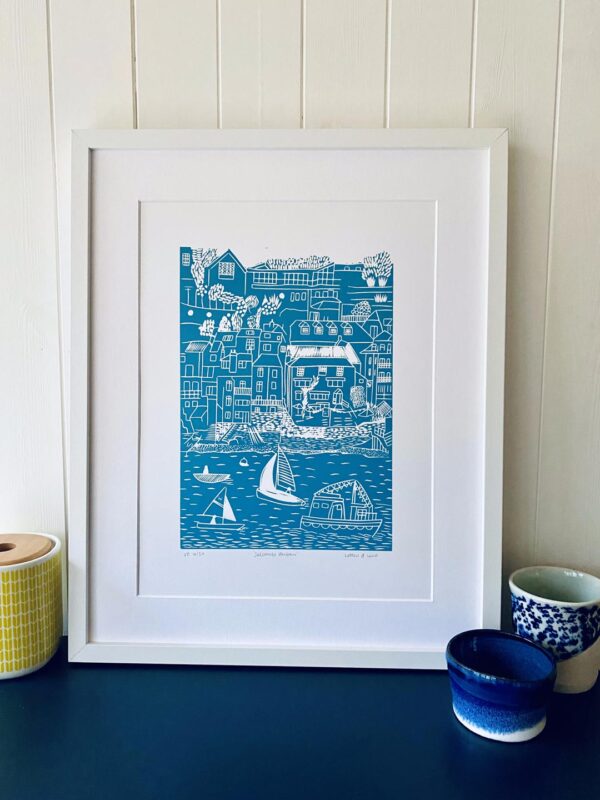 Salcombe mid blue lino print framed display