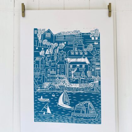 Salcombe mid blue linocut print drying