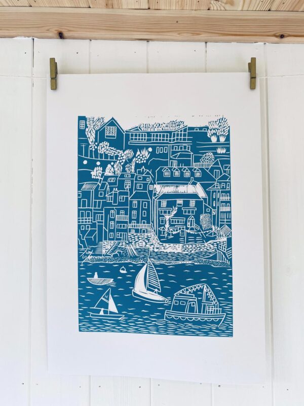 Salcombe mid blue linocut print drying