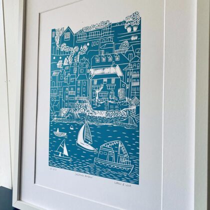 Salcombe mid blue linocut print framed angle