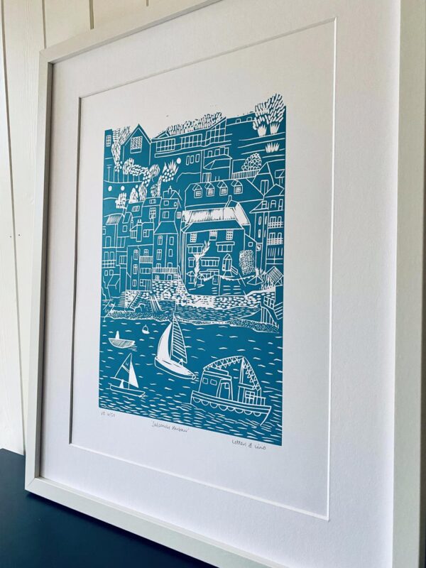 Salcombe mid blue linocut print framed angle