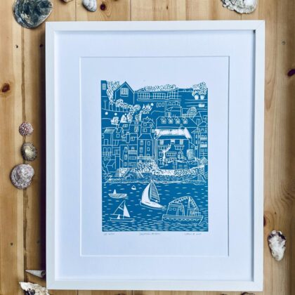Salcombe mid blue linocut print framed shells