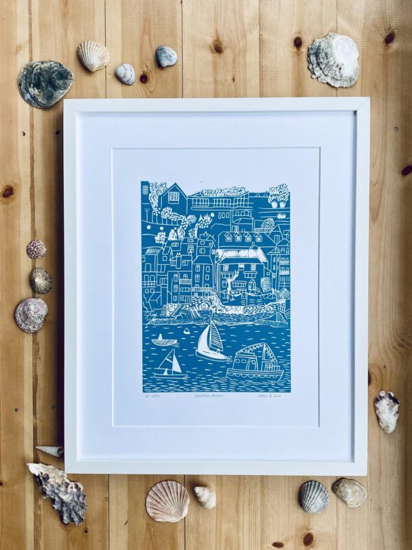 Salcombe mid blue linocut print framed shells