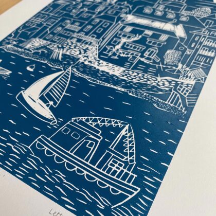 Salcombe navy lino cut print detail