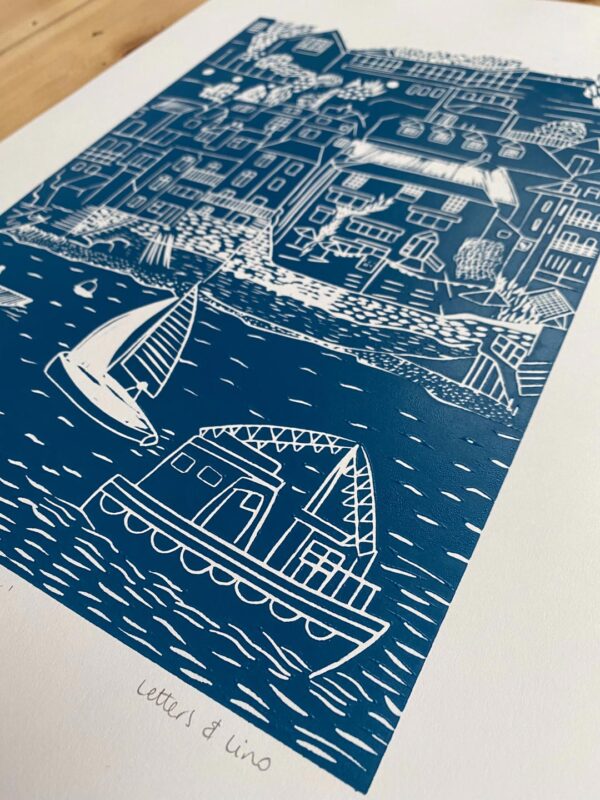 Salcombe navy lino cut print detail