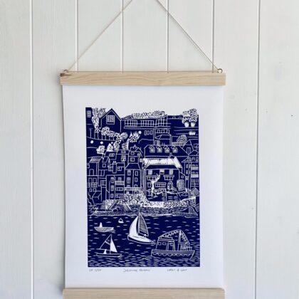 Salcombe navy lino cut print hanging frame